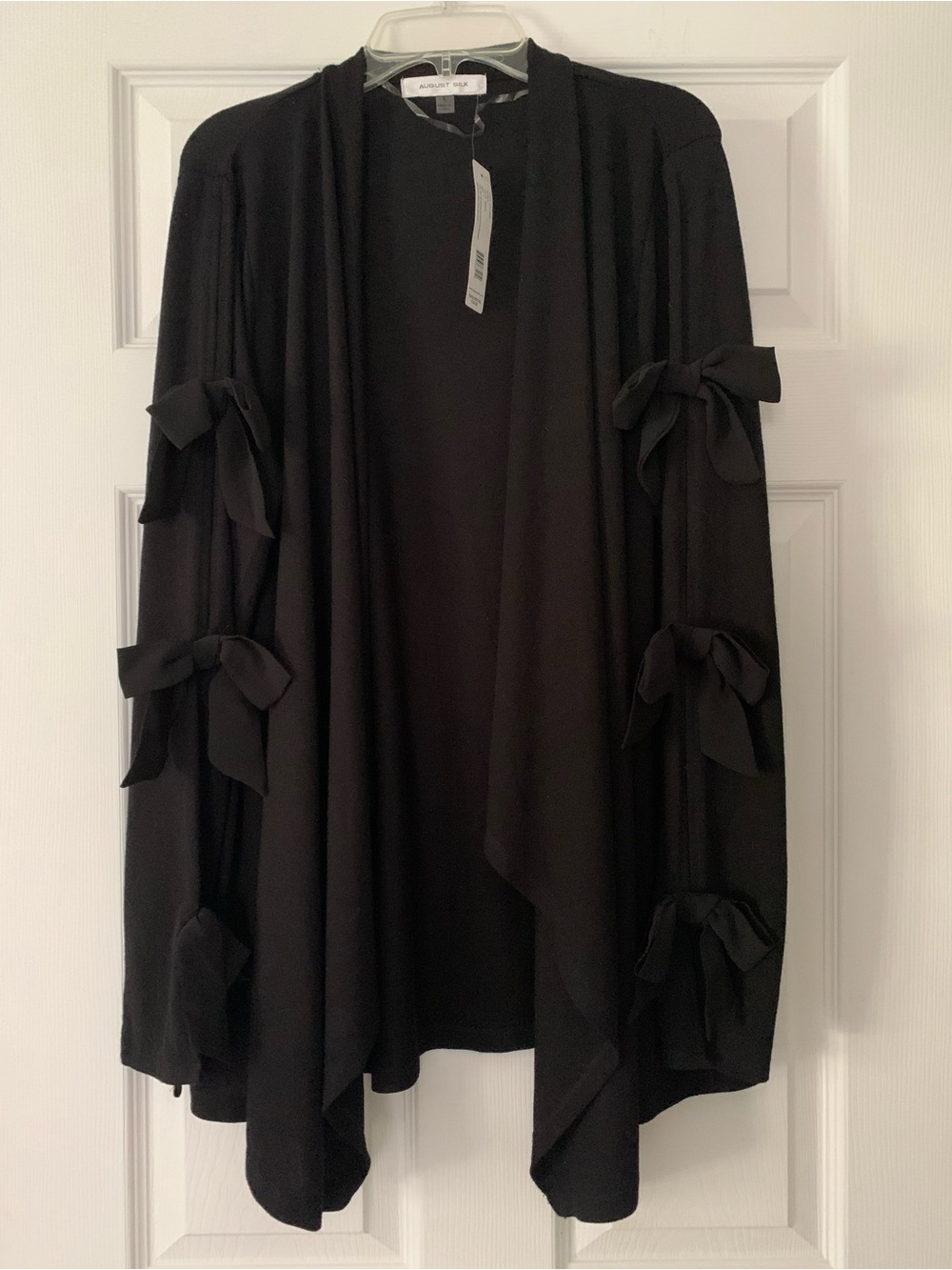 August Silk Cardigan Womens Small Black Open Front Bow Sleeve Sweater Size L New